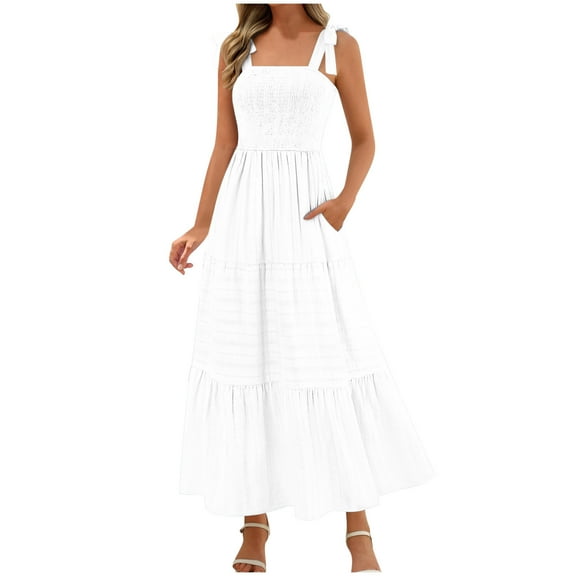 Ecqkame Women's Fashion Long Dresses Summer 2025 Sleeveless Square Neck A Line Slip Dress Casual Ruffle Tiered Flowy Beach Dress with Pockets 01-White XXL