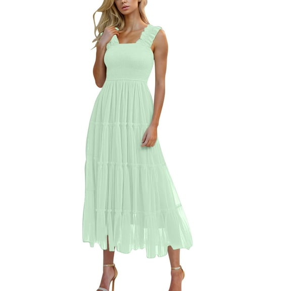 Ecqkame Women's Fashion Loose Maxi Dresses Solid Sleeveless Pleated Long Dress Elastic Waist Beach Dress with Pockets 02-Mint Green M
