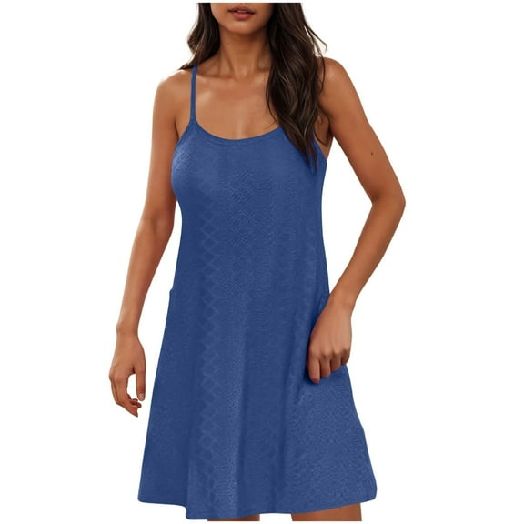 Ecqkame Women's Fashion Slip Dress Sexy Flowy Spaghetti Straps Dresses Cami Dress Solid Color Round Neck Sleeveless Tank Dress with Pockets Navy S