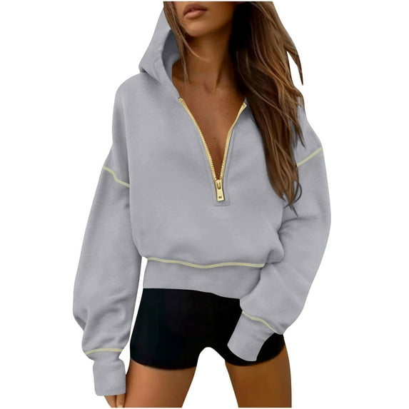 Ecqkame Women's Fashion Sweatshirts Solid Color Trendy Quarter Zipper Pullover Sweatshirt Lightweight Comfortable Hoodies Gray XXL