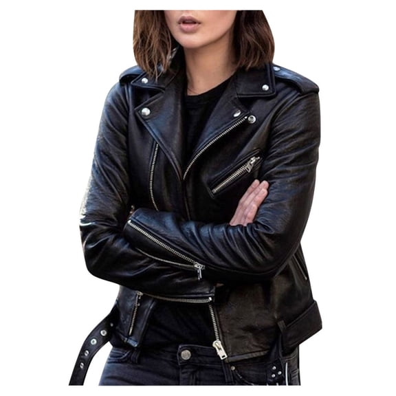 Ecqkame Women's Faux Leather Belted Motorcycle Jacket Long Sleeve Zipper Fitted Fall and Winter Fashion Moto Bike Short Jacket Coat Black 3XL