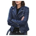 thumbnail image 1 of Ecqkame Women's Faux Leather Belted Motorcycle Jacket Long Sleeve Zipper Fitted Fall and Winter Fashion Moto Bike Short Jacket Coat Blue 4XL, 1 of 4