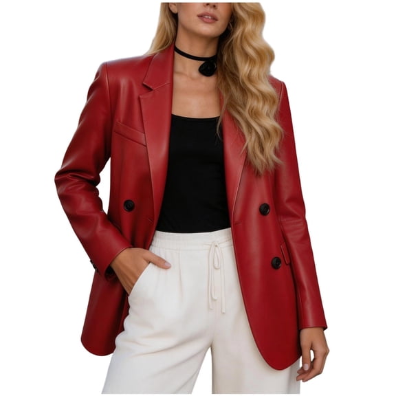Ecqkame Women's Faux Leather Blazer Jacket Long Sleeve Lapel Double Breasted Suit Coats Loose Fit Casual Trendy Office Outerwear Red XL
