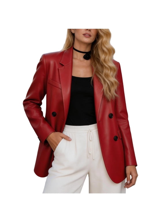 Women's Faux Leather Blazer Jacket Long Sleeve Lapel Double Breasted Suit Coats Loose Fit Casual Trendy Office Outerwear Red XL