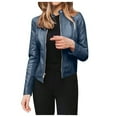 thumbnail image 1 of Ecqkame Women's Faux Leather Jackets Fashion Women Long Sleeve Open Front Short Cardigan Short Suit Fall Jacket Coat Top Dark Blue L, 1 of 7
