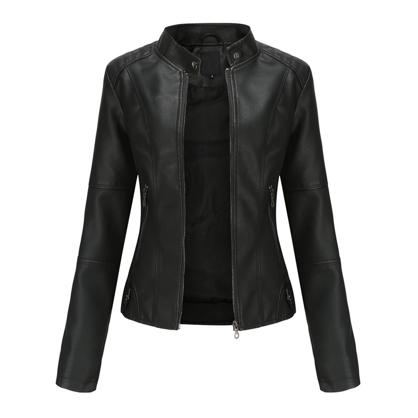 Ecqkame Women's Faux Leather Motorcycle Jacket Ladies Slim Leather Stand-Up Collar Zipper Stitching Solid Color Fall Jacket Black 2XL