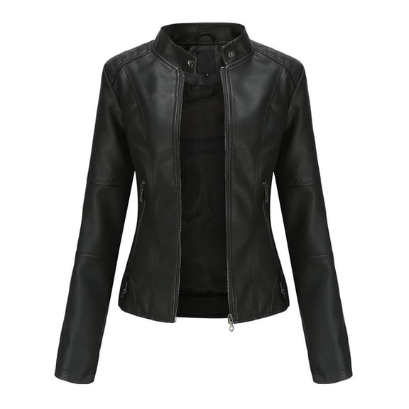 Ecqkame Women's Faux Leather Motorcycle Jacket Ladies Slim Leather Stand-Up Collar Zipper Stitching Solid Color Fall Jacket Black 2XL