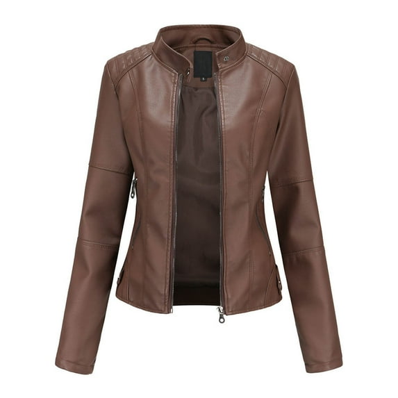 Ecqkame Women's Faux Leather Motorcycle Jacket Ladies Slim Leather Stand-Up Collar Zipper Stitching Solid Color Fall Jacket Coffee M