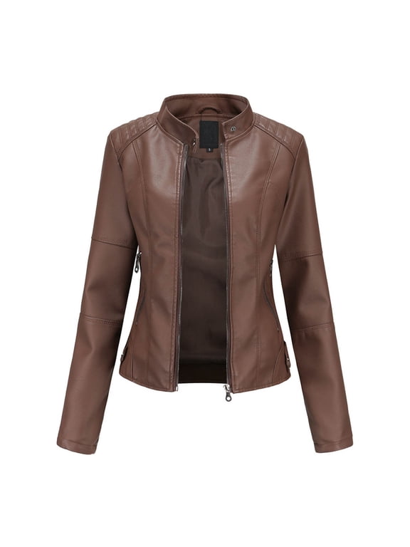 Women's Faux Leather Motorcycle Jacket Ladies Slim Leather Stand-Up Collar Zipper Stitching Solid Color Fall Jacket Coffee S