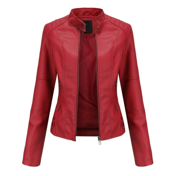 Ecqkame Women's Faux Leather Motorcycle Jacket Ladies Slim Leather Stand-Up Collar Zipper Stitching Solid Color Fall Jacket Red S