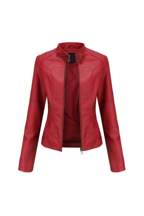 Women's Faux Leather Motorcycle Jacket Ladies Slim Leather Stand-Up Collar Zipper Stitching Solid Color Fall Jacket Red XL