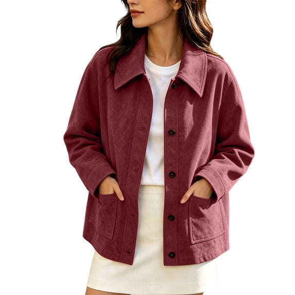 Ecqkame Women's Faux Suede Jackets Lapel Collar Button Down Casual Jacket Trendy Elegant Temperament Outerwear with Lined Wine XXL