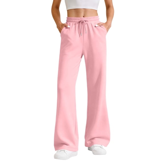 Ecqkame Women's Flare Sweatpants Casual Loose Elastic Waist Drawstring Solid Color Pants Jogger Workout Sports Pant Pink M