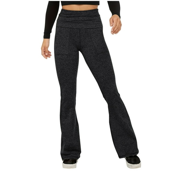 Ecqkame Women's Flare Yoga Pants with Pockets High Waisted Yoga Leggings-Flare Solid Color Workout Gym Leggings C-Black S