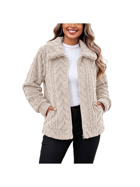 Women's Fleece Jackets Lapel Jacquard Pattern Long Sleeve Pocketed Coats Warm Plush Loose Casual Fall Winter Outerwear Beige XXL