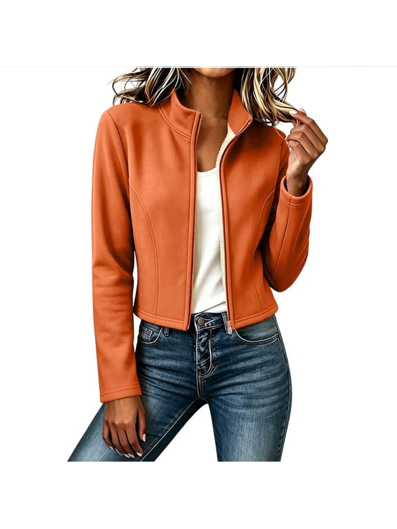 Women's Fleece Lined Jackets Stand Collar Full Zip Long Sleeve Slim Fit Jacket Windproof Outdoor Jogger Warm Fall Winter Outerwear Orange S