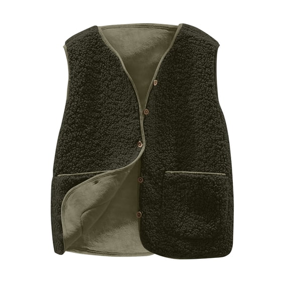 Ecqkame Women's Fleece Vest Clearance Women Pocket Coat Short Jacket Winter Sleeveless Fleece Button Solid Outerwear Army Green L