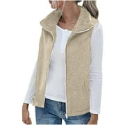 Ecqkame Women's Fleece Vest Clearance Women's Sleeveless Zippered Pocket Jacket Tops Blouse Beige M