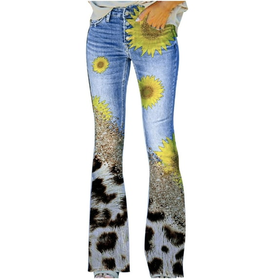 Ecqkame Women's Floral Print High Waist Flare Jeans Clearance Womens Elastic Waist Stretch Buttons Printing Thin Stretch Skinny Pants Trousers Yellow S