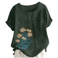 thumbnail image 1 of Ecqkame Women's Flowers Printed T-Shirts Short Sleeve Round Neck Button Blouses Lightweight Fashion Casual Summer Tops Army Green XL, 1 of 5