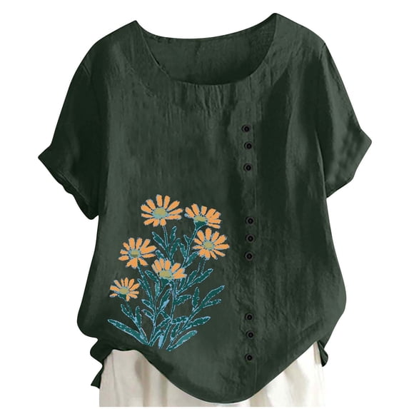 Ecqkame Women's Flowers Printed T-Shirts Short Sleeve Round Neck Button Blouses Lightweight Fashion Casual Summer Tops Army Green XL
