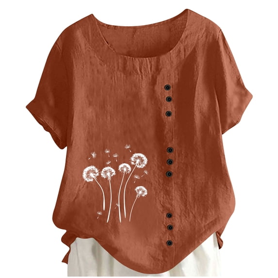 Ecqkame Women's Flowers Printed T-Shirts Short Sleeve Round Neck Button Blouses Lightweight Fashion Casual Summer Tops Brown M
