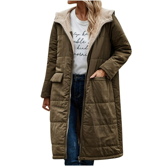 Ecqkame Women's Fuzzy Fleece Open Front Long Cardigan Coat Women's Winter Casual Loose Fashion Color Pocket Zippered Tops Reversible Long Cotton Coat Army Green XXXL