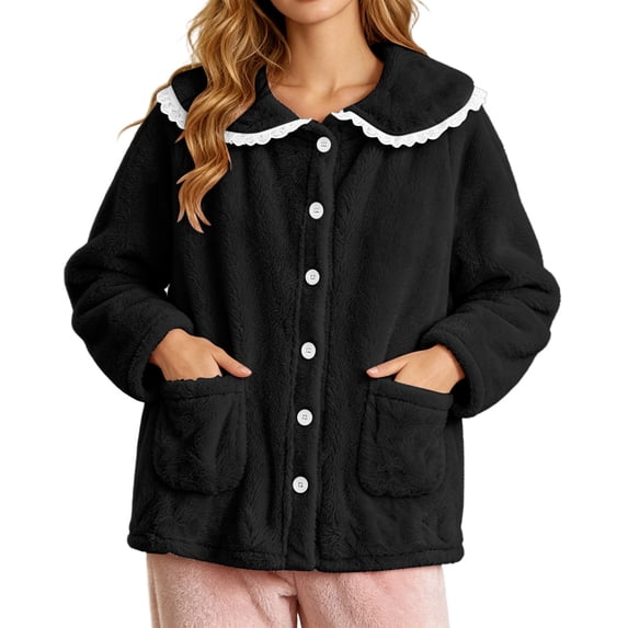 Ecqkame Women's Fuzzy Sleepwear Cardigan Winter Thick Long Sleeve Button Open Front Pajamas Home Loungewear Sleep Top with Pockets Black XXL