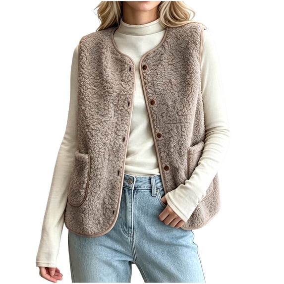 Ecqkame Women's Fuzzy Vest Sleeveless Button Down Loose Round Neck Casual Velvet Warm Fall Winter Outerwear with Pockets Khaki M