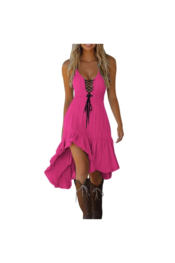 Women's Gothic Dresses Deep V Neck Spaghetti Strap Ruffle High Low Dress Solid Color Sleeveless Hollowed Out Party Beach Midi Dresses Hot Pink XXL