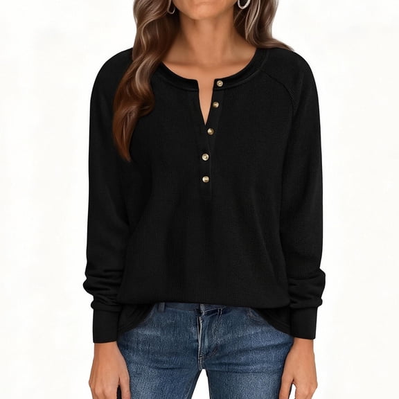 Ecqkame Women's Henley Shirts Textured Walf Checks Long Sleeve Lightweight Pullover Tops Casual Fashion Button Basic T-Shirt Black XL