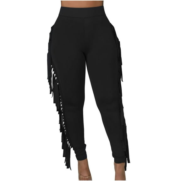Ecqkame Women's High Waist Fringe PantWomen's Sexy Tight Solid Color Fringed Bandage Trousers Black XXL