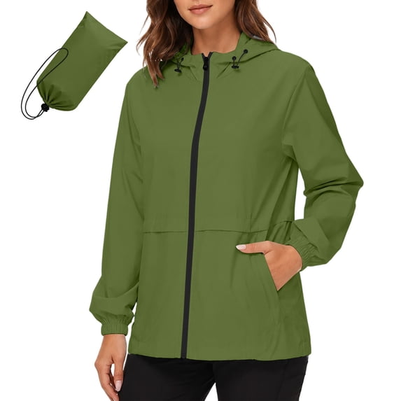 Ecqkame Women's Hooded Rain Coats Long Sleeve Zip Up Windproof Water-Resistant Casual Packable Rain Jacket with Pockets and Storage Bag Army Green XL