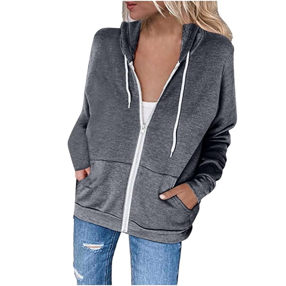 Ecqkame Women's Hoodies Teen Girl Fall Jacket Sweatshirts Fashion Women Casual Hooded Slim Zipper Fleece Sweater Coat Gray C L