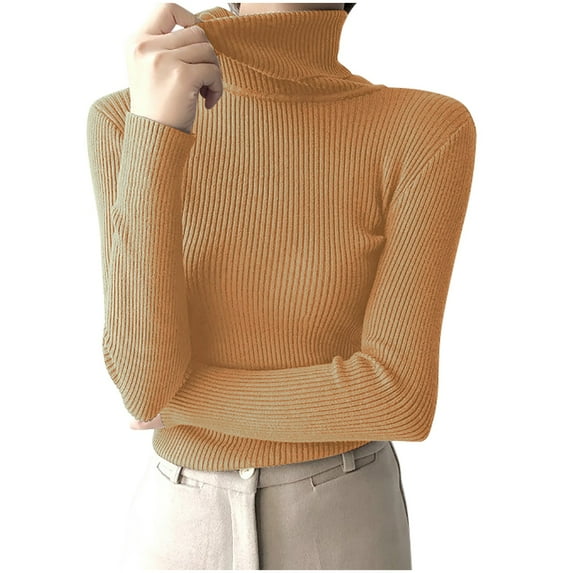 Ecqkame Women's Knit Pullover Sweater Long Sleeved Turtle Neck Base Sweater Solid Color Slim Casual Tops Orange Free Size
