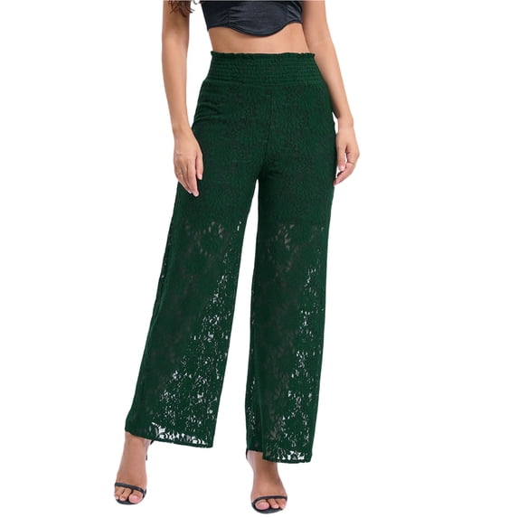 Ecqkame Women's Lace Pants Fashion Mesh Sheer Elastic High Waist Leisure Trousers Wide Leg Lightweight Full Length Pant Green M