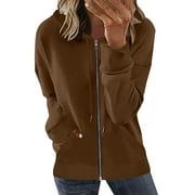 Ecqkame Women's Lightweight Pocket Zip-Up Hoodie Jacket Clearance Fashion Woman Long Sleeve Zipper Open Front Loose Outerwear Coat Tops Pockets Hooded Blouse Brown XL