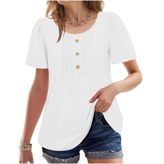 Ecqkame Women's Lightweight Shirts Casual Loose Pleated Round Neck Short Sleeved T-Shirt Solid Color Base Pullover Tops White S