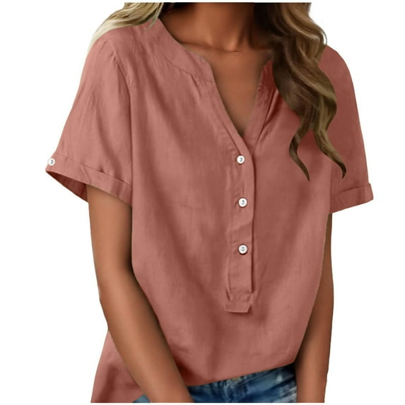 Ecqkame Women's Linen Shirts V Neck Button Half-Open Front Fashion Solid Color Short Sleeve Tops Lightweight Comfortable Blouses Pink L