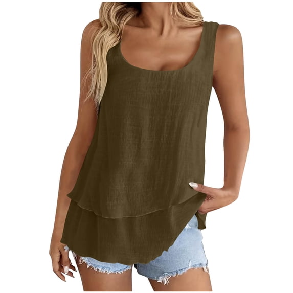 Ecqkame Women's Linen Tank Tops Double Layer Sleeveless Crew Neck Shirts Lightweight Casual Tunic Summer Tops Brown S
