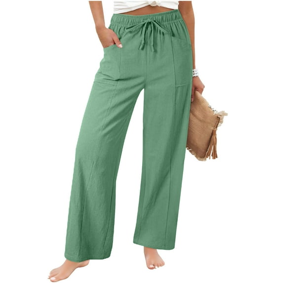 Ecqkame Women's Linen Wide Leg Pants Solid Color Elastic Waist Drawstring Loose Flowy Lightweight Trousers with Pockets Mint Green S