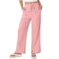 thumbnail image 1 of Ecqkame Women's Linen Wide Leg Pants Solid Color Elastic Waist Drawstring Loose Flowy Lightweight Trousers with Pockets Pink XL, 1 of 9