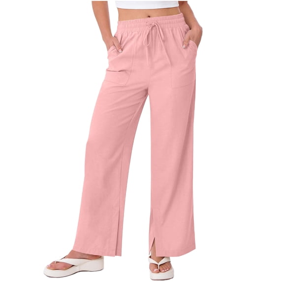 Ecqkame Women's Linen Wide Leg Pants Solid Color Elastic Waist Drawstring Loose Flowy Lightweight Trousers with Pockets Pink XL