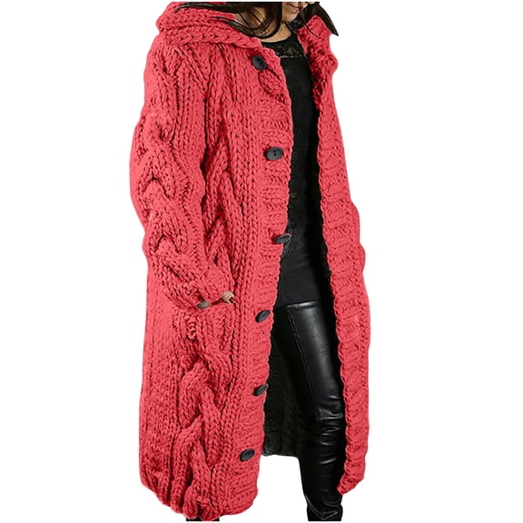 Ecqkame Women's Long Cardigan Open Front Knit Sweaters Women Hood Cardigan Large Size Sweater Pocket Single Breasted Long Sleeves Coat Red S