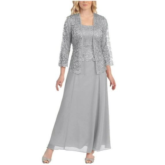 Ecqkame Women's Long Dress with Jacket Women Two-Piece Casual Solid Sleeveles Chiffon Dress Half Sleeve Lace Cardigan Set Gray L