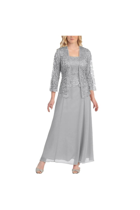 Women's Long Dress with Jacket Women Two-Piece Casual Solid Sleeveles Chiffon Dress Half Sleeve Lace Cardigan Set Gray XXL