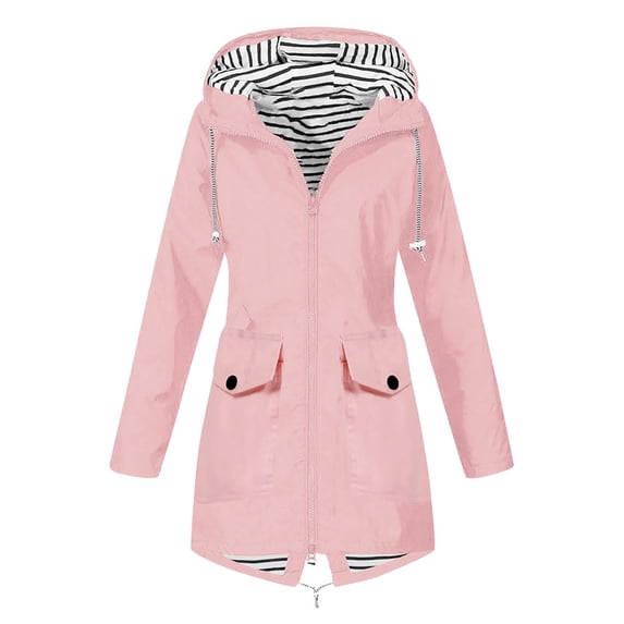 Ecqkame Women's Long Hooded Rain Jacket Outdoor Raincoat Windbreaker Solid Plus Size Water-proof Loose Coat Jackets with Pockets Baby L