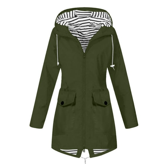 Ecqkame Women's Long Hooded Rain Jacket Outdoor Raincoat Windbreaker Solid Plus Size Water-proof Loose Coat Jackets with Pockets Green 2XL