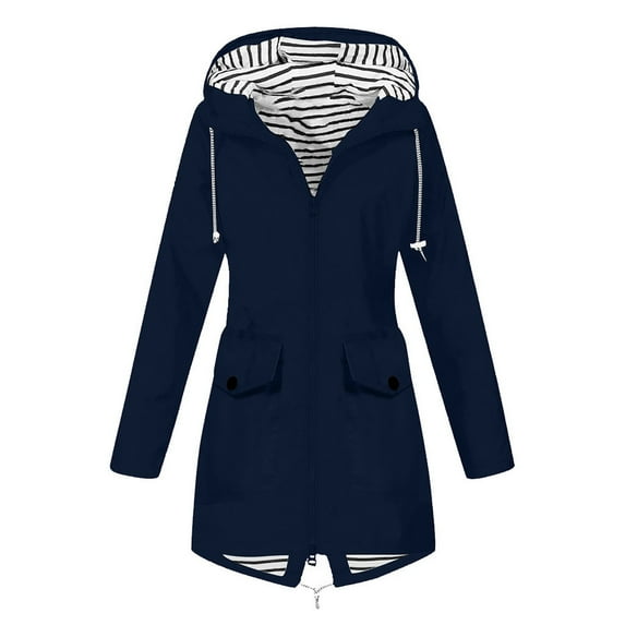 Ecqkame Women's Long Hooded Rain Jacket Outdoor Raincoat Windbreaker Solid Plus Size Water-proof Loose Coat Jackets with Pockets Navy L