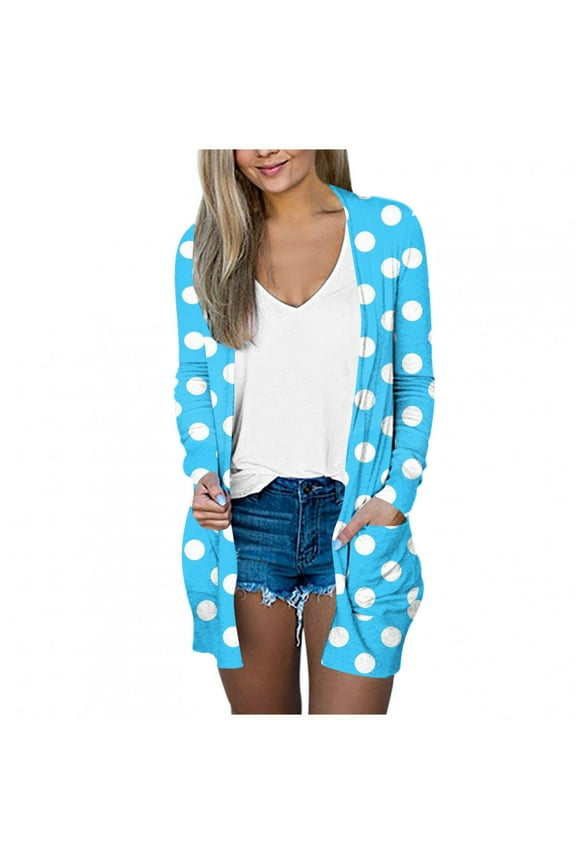 Women's Long Sleeve Shrugs Boleros Lightweight Thin Printed Cardigan Casual Loose Cover Up Tops with Pockets Blue XXL